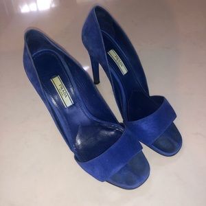 Prada Suede Peep Toe Heels in Cobalt Blue